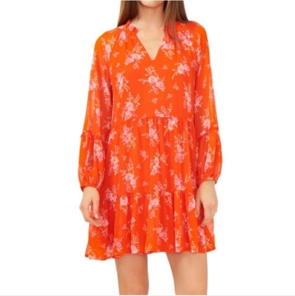 Vince Camuto Women's Orange Floral Long Puffy Sleeve Dress Size Medium NWT